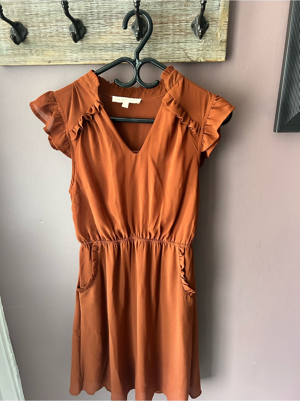 Rust Ruffle Sleeve V-Neck Women’s Dress